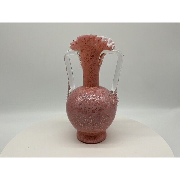 Stevens And Williams VTG Pink Cased Glass Blown Vase w/Thorn Handles Mica Flakes - Picture 11 of 16